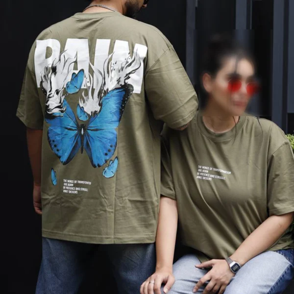 تیشرت دخترانه نخ پنبه – طرح پروانه با متن RAIN